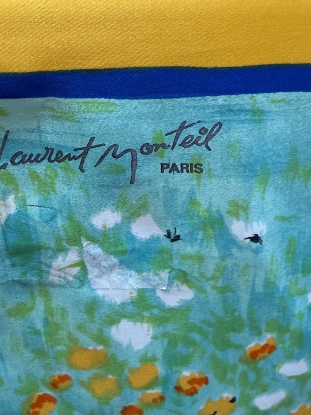 Vintage square art silk Floral Blue & Yellow Scarf Wrap